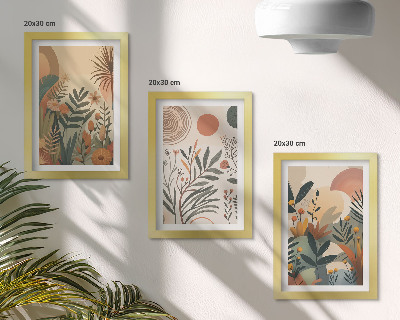 Framed triptych Plant motifs in muted colors with circles