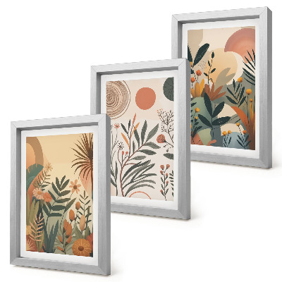 Framed triptych Plant motifs in muted colors with circles