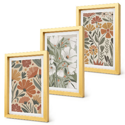 Framed triptych Floral patterns in shades of orange and green