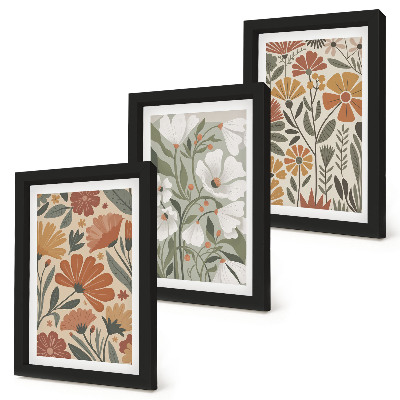 Framed triptych Floral patterns in shades of orange and green