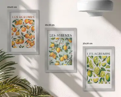 Fruity citrus patterns in pastel colors framed triptych