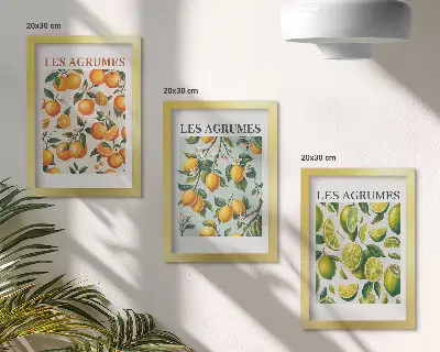 Fruity citrus patterns in pastel colors framed triptych