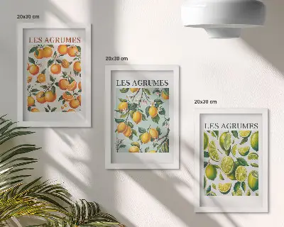 Fruity citrus patterns in pastel colors framed triptych