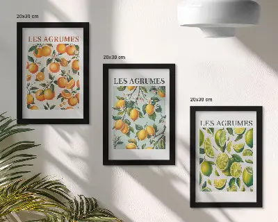 Fruity citrus patterns in pastel colors framed triptych