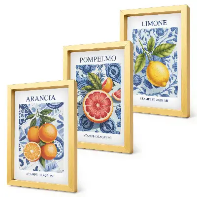Photo frame wall with vintage citrus fruit illustrations