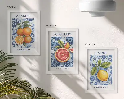 Photo frame wall with vintage citrus fruit illustrations
