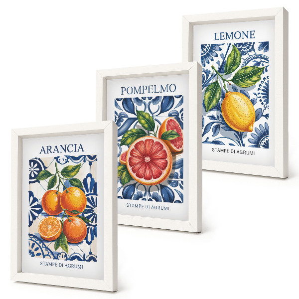 Framed triptych Italian-style citrus fruit fashion posters