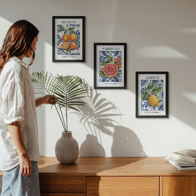 Framed triptych Italian-style citrus fruit fashion posters