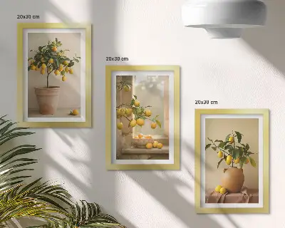 Lemon trees in pots and on the window framed triptych