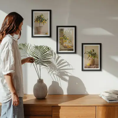 Lemon trees in pots and on the window framed triptych
