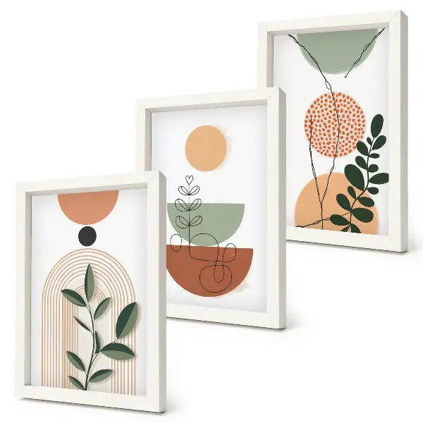 Photo frame wall with abstract shapes and colorful plant motifs