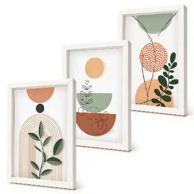 Photo frame wall with abstract shapes and colorful plant motifs