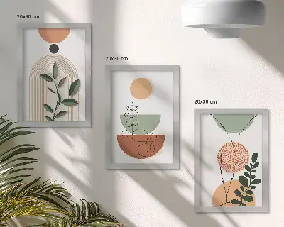 Photo frame wall with abstract shapes and colorful plant motifs
