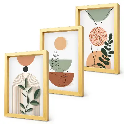 Photo frame wall with abstract shapes and colorful plant motifs