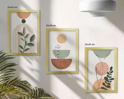 Photo frame wall with abstract shapes and colorful plant motifs
