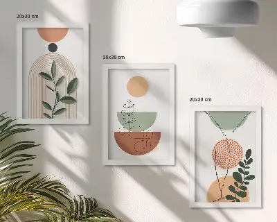 Photo frame wall with abstract shapes and colorful plant motifs