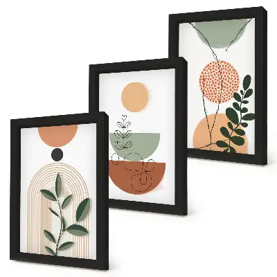 Photo frame wall with abstract shapes and colorful plant motifs