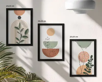 Photo frame wall with abstract shapes and colorful plant motifs
