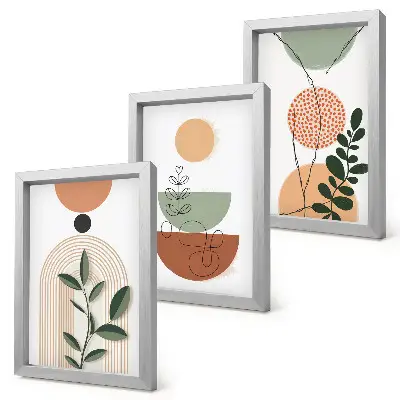 Photo frame wall with abstract shapes and colorful plant motifs