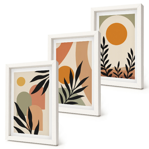3-piece wall art set Abstract shapes and plant motifs in warm colors