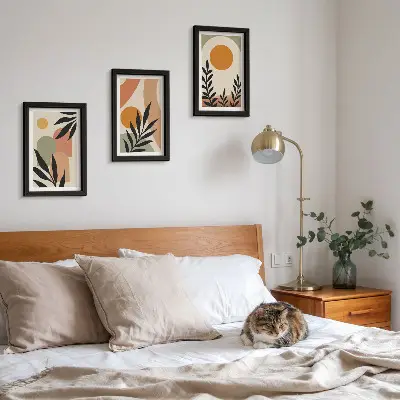 3-piece wall art set featuring abstract shapes and plant motifs in warm colors