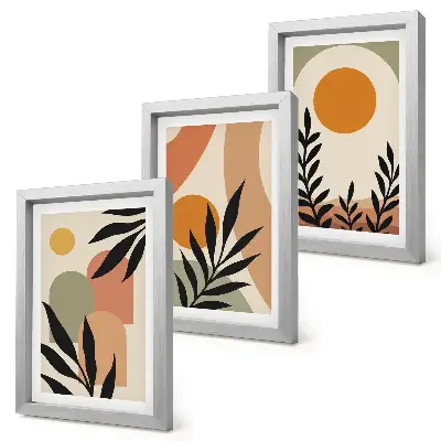 3-piece wall art set featuring abstract shapes and plant motifs in warm colors