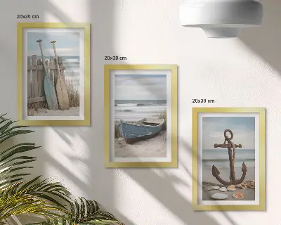 Photo frame wall a beach scene with a rowboat and an anchor in the sand