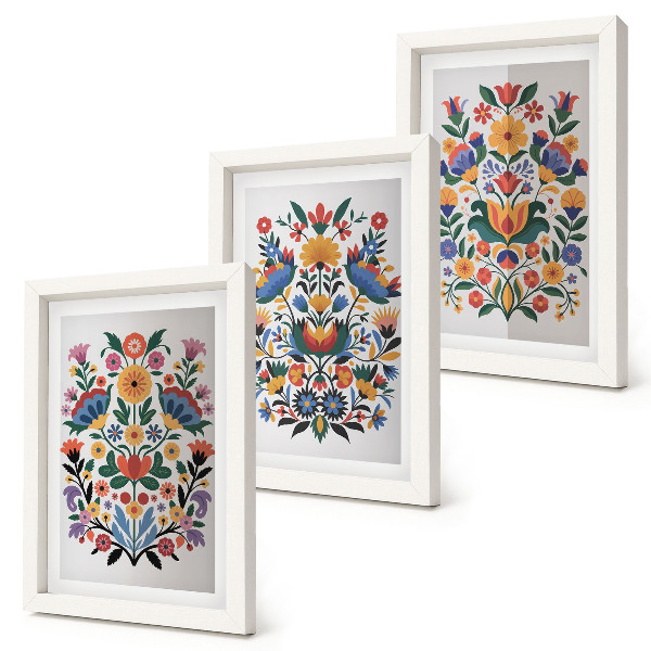 3-piece wall art set Floral patterns in intense colors on a white background