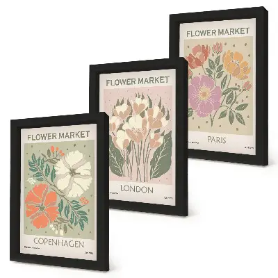 Floral posters of Copenhagen, London, and Paris framed triptych