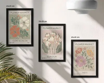 Floral posters of Copenhagen, London, and Paris framed triptych