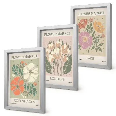 Floral posters of Copenhagen, London, and Paris framed triptych
