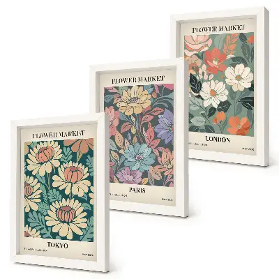 3-piece wall art set flower prints featuring Tokyo Paris and London