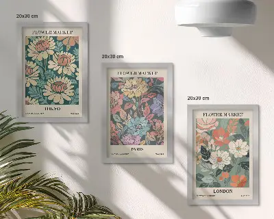 3-piece wall art set flower prints featuring Tokyo Paris and London