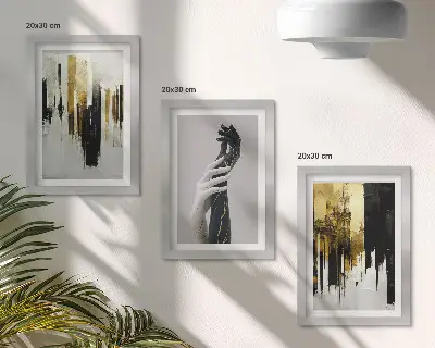 Photo frame wall with abstract painting and two hands motif