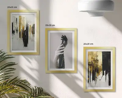 Photo frame wall with abstract painting and two hands motif