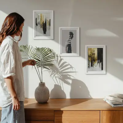 Photo frame wall with abstract painting and two hands motif