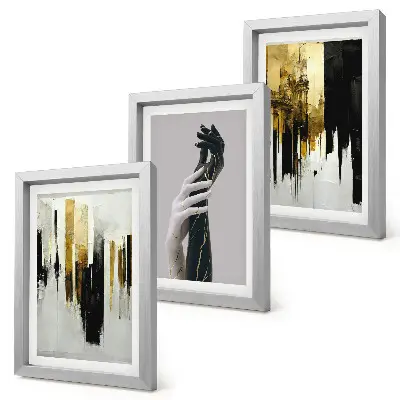 Photo frame wall with abstract painting and two hands motif
