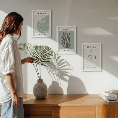Photo frame wall with stylish abstract paintings by Henri Matisse
