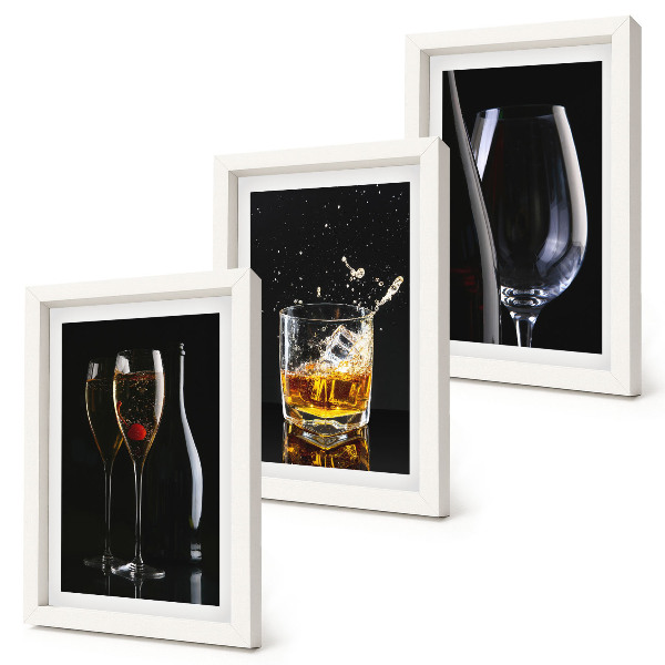 3-piece wall art set Glasses of wine and whiskey on a black background