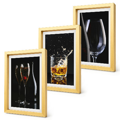 3-piece wall art set Glasses of wine and whiskey on a black background