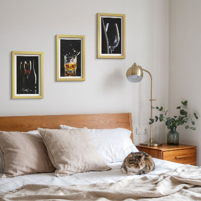 3-piece wall art set Glasses of wine and whiskey on a black background