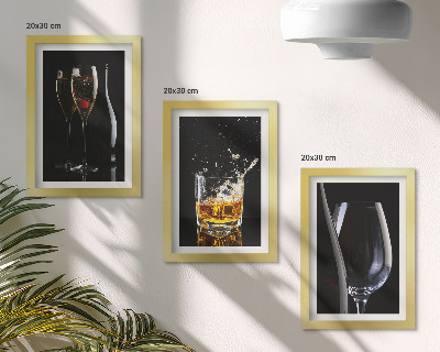 3-piece wall art set Glasses of wine and whiskey on a black background