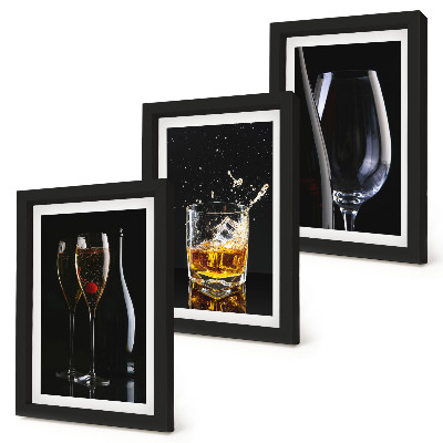 3-piece wall art set Glasses of wine and whiskey on a black background