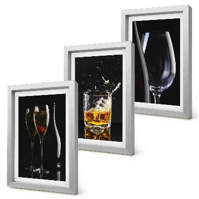 3-piece wall art set Glasses of wine and whiskey on a black background