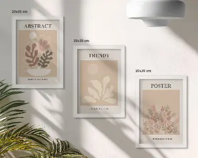 3-piece wall art set with plant motifs in shades of beige and brown