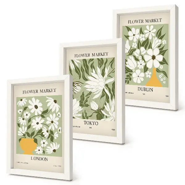 Photo frame wall set with floral poster designs featuring London, Tokyo, and Dublin