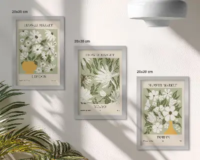 Photo frame wall set with floral poster designs featuring London, Tokyo, and Dublin