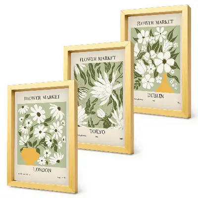 Photo frame wall set with floral poster designs featuring London, Tokyo, and Dublin