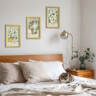 Photo frame wall set with floral poster designs featuring London, Tokyo, and Dublin