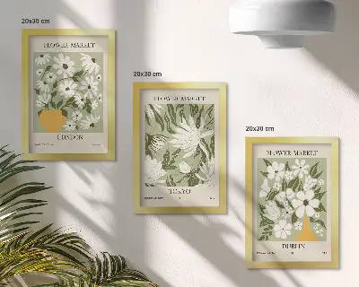 Photo frame wall set with floral poster designs featuring London, Tokyo, and Dublin